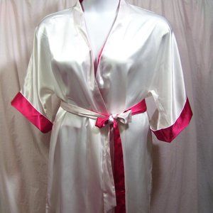 White Satin Robe Red Trim Kimono Wrap w/ Belt Size L